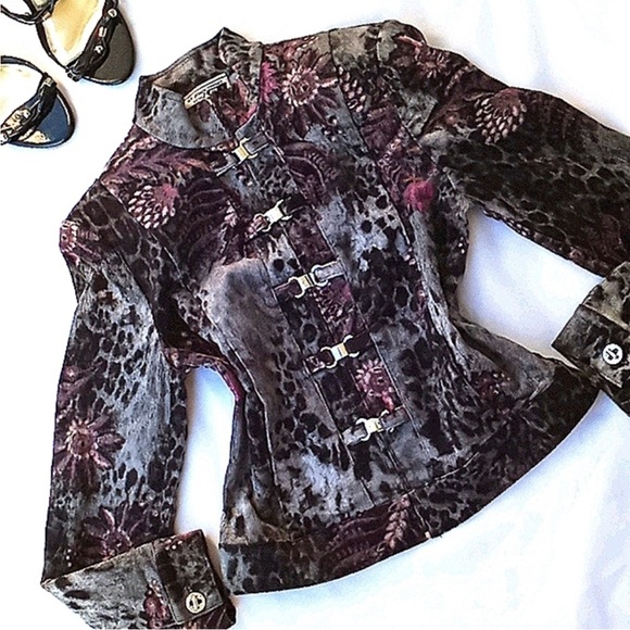 St. John Black, Grey, Purple Floral and Animal Print Corduroy Blazer Jacket - Picture 3 of 15